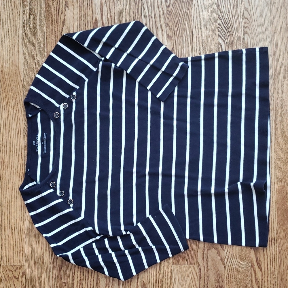 (MP) Talbots 100% Pima Cotton Striped ¾ Sleeve T-Shirt Casual Button Accents